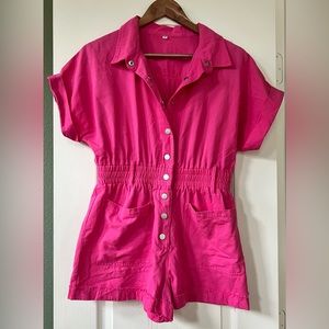 Hot pink light denim romper
